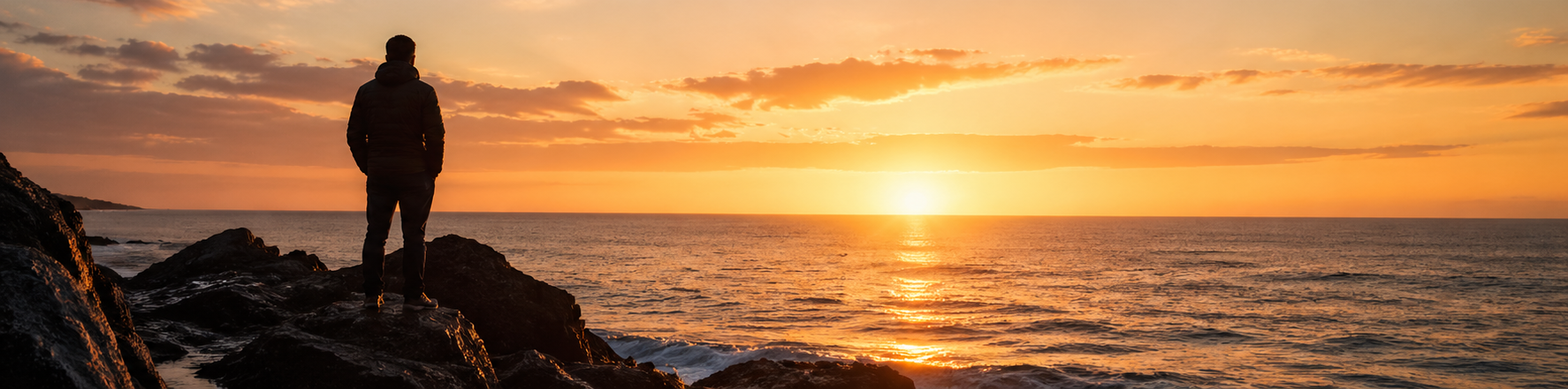 Person standing near ocean at sunset